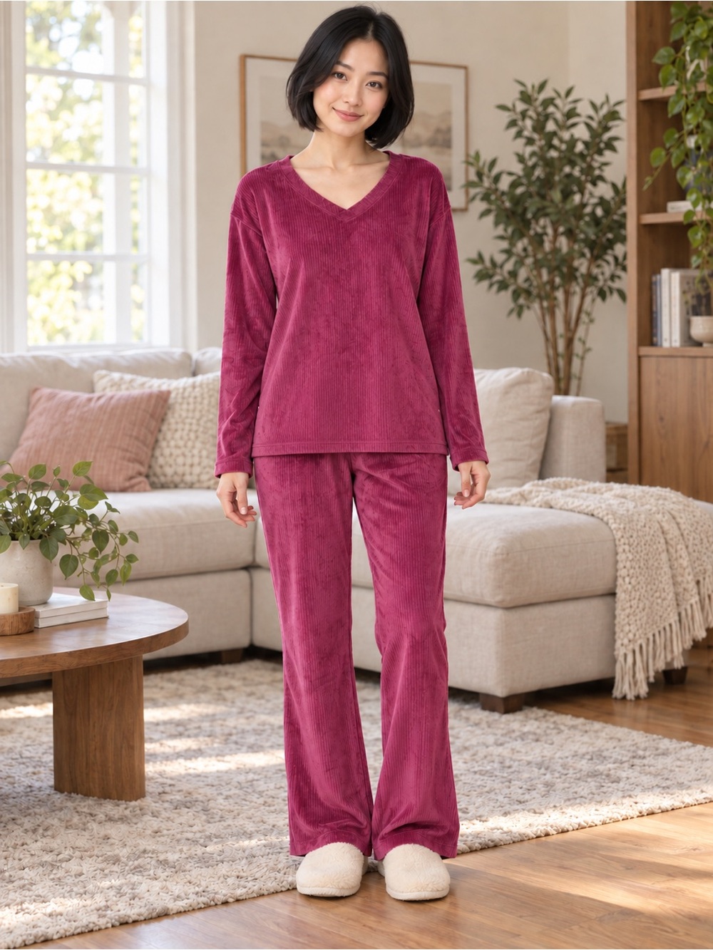 croft & barrow Plush V-Neck Pajama Set in Berry
